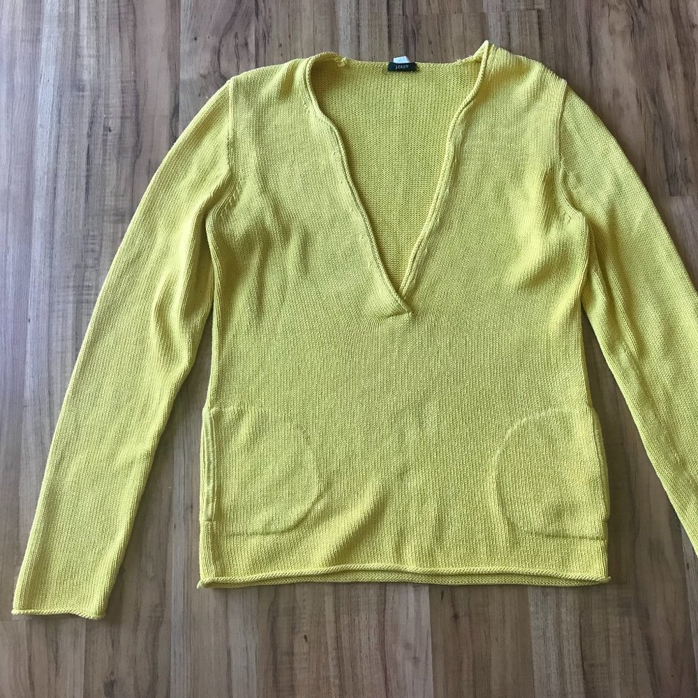 J Crew Chunky Knit Sweater Plunging V Neck Pockets Mustard Yellow Womens Medium